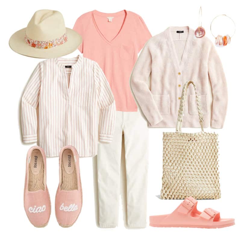 A coral pink and ivory capsule wardrobe for a casual weekend getaway.