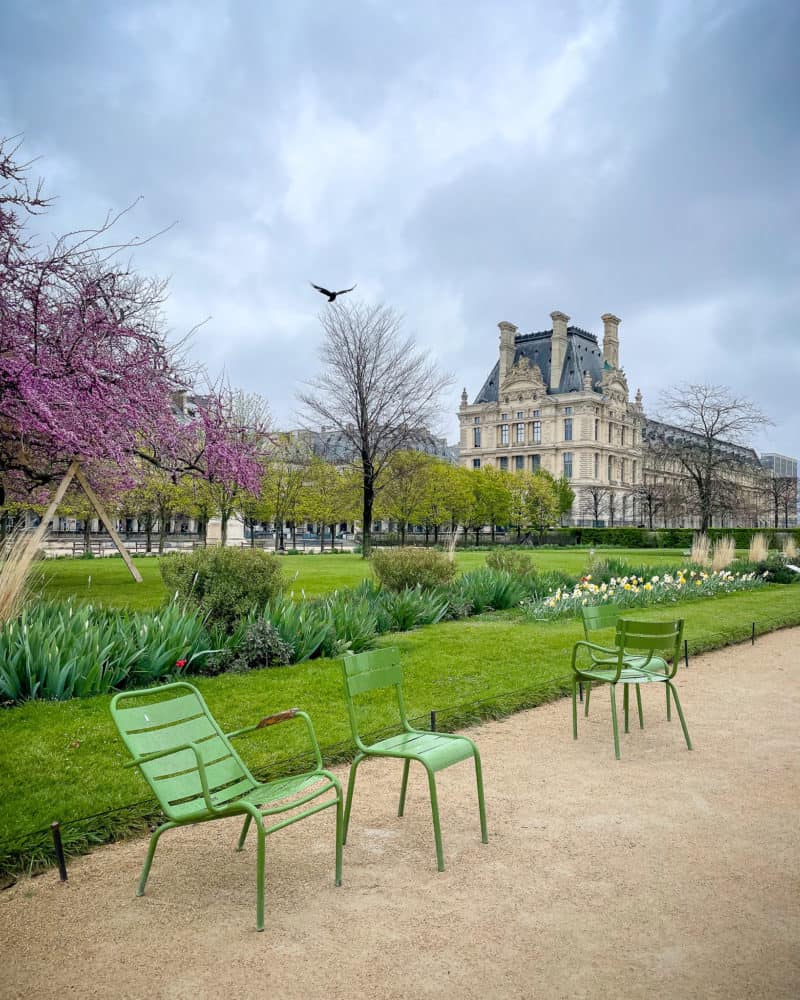 Looking toward the Louvre from Tuileries gardens in Paris. Spring 2022