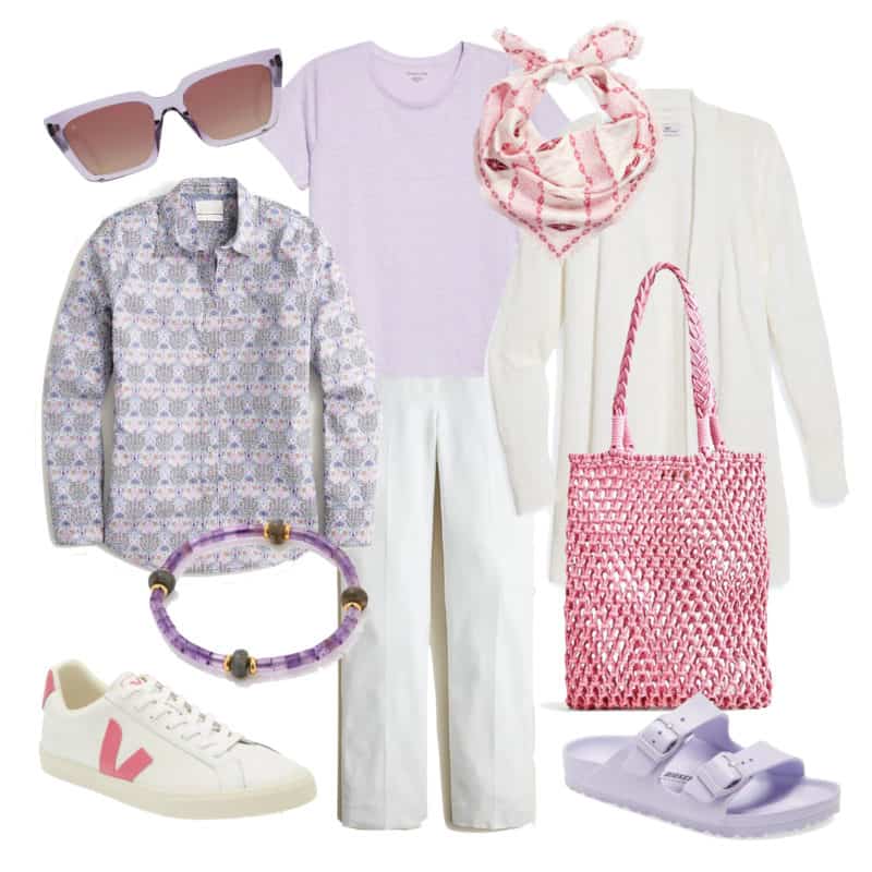 A casual weekend capsule wardrobe for the summer palette in white, lavender and pink.