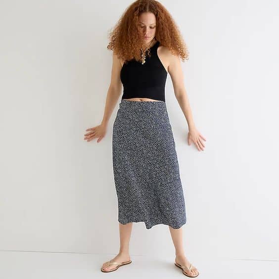 J.Crew slip skirt in navy dot print.