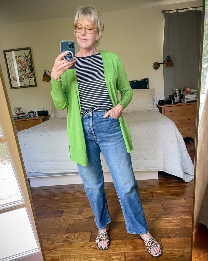 Summer wardrobe basics: Susan B. wears a green long cardigan, striped linen tee, relaxed fit Mother jeans, leopard sandals.