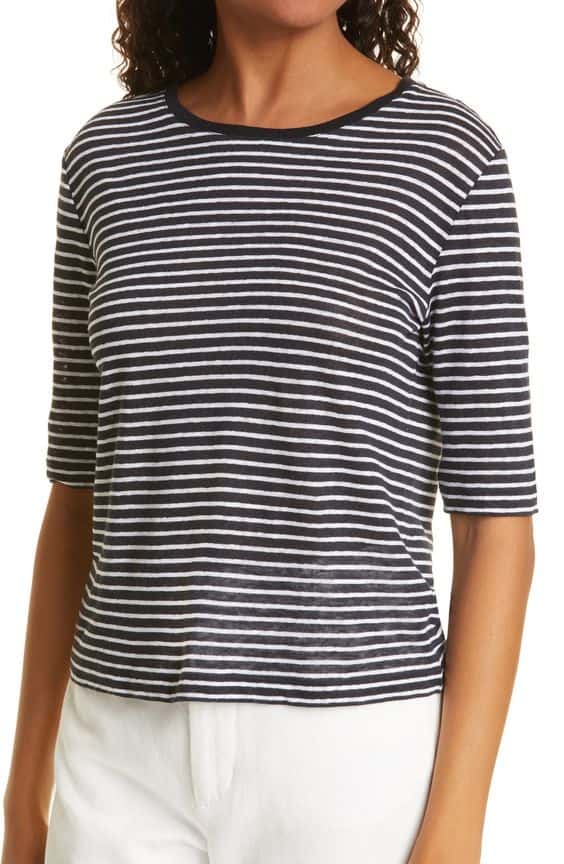 Vince navy striped elbow sleeve linen tee