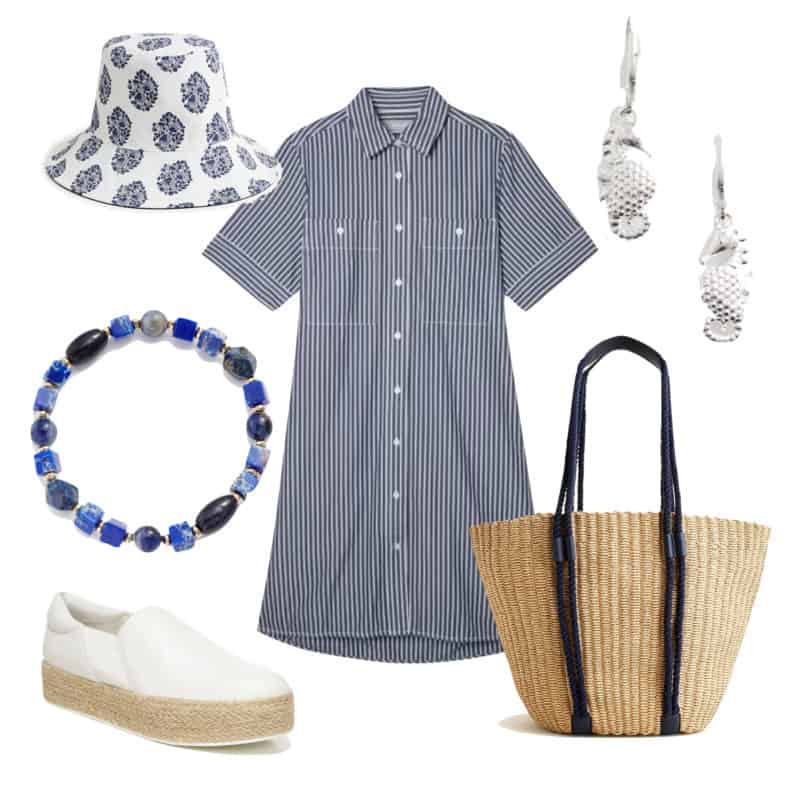 An easy summer look in navy and white with a striped shirtdress.