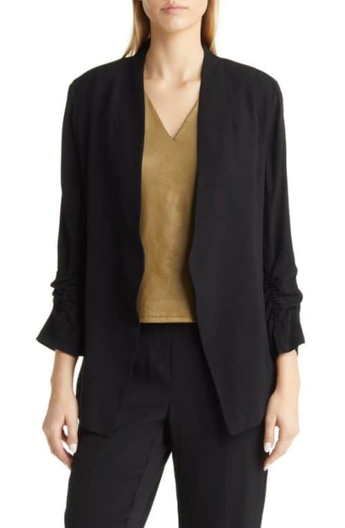 Halogen open front ruched sleeve blazer, black.