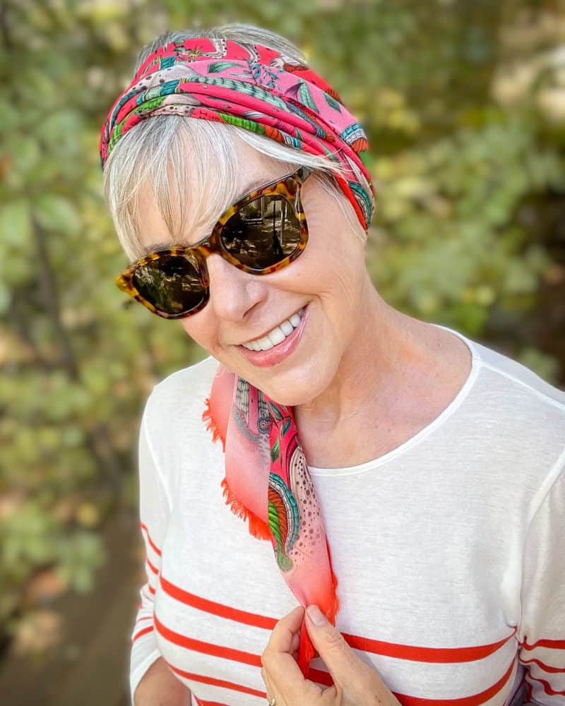 Susan B. wears an Emma J. Shipley Odyssey scarf as headband.