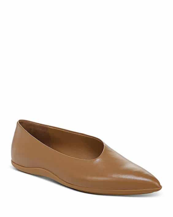 Vince Lex pointed toe asymmetrical flat, tan color.