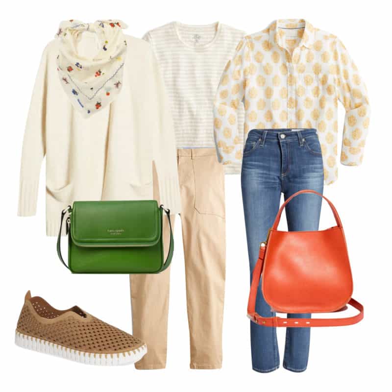 How to choose a handbag color: neutral wardrobe with a colorful bags.