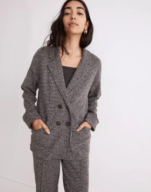 Madewell knit double breasted houndstooth jacket.