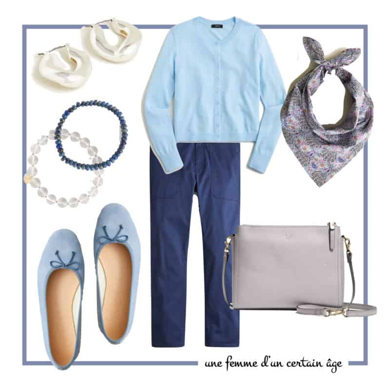 Women's pre-fall styles on sale: blue cardigan, navy chinos, silver earrings, blue ballet flats, Liberty print scarf.