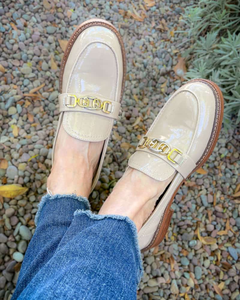 Detail: Susan B. wears Sam Edelman Christy patent loafers in Chai Latte.