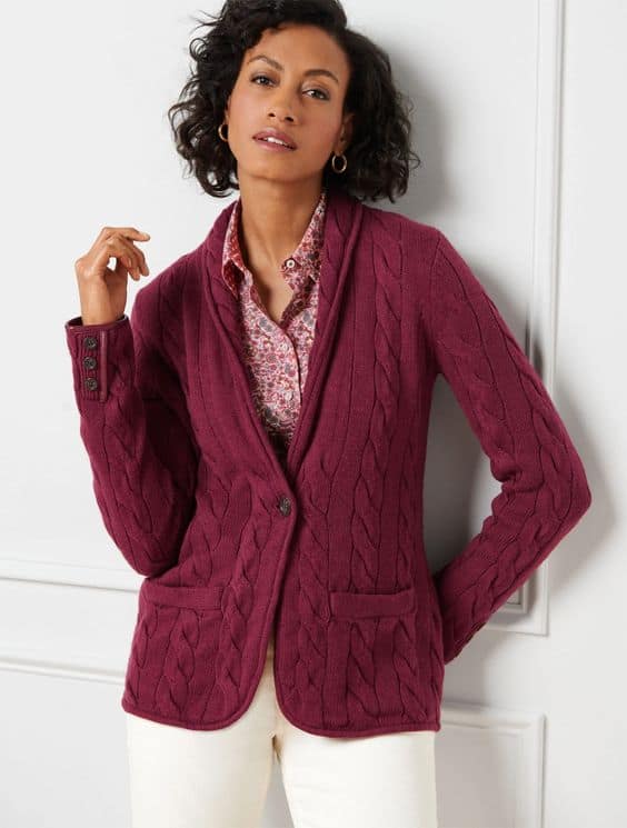 Talbot's cable knit sweater jacket in Burgundy.