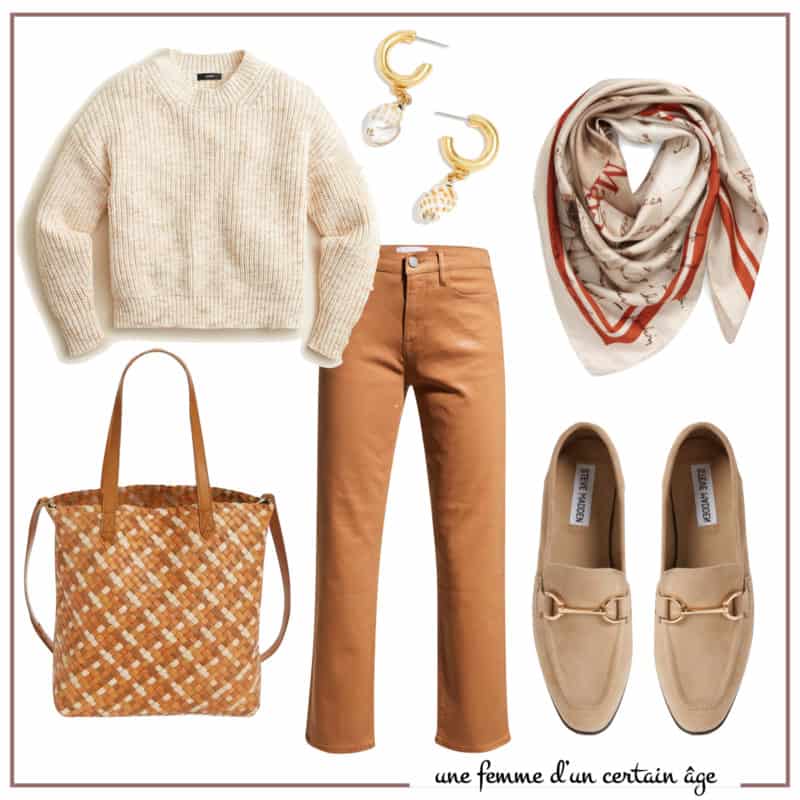Casual outfit idea with coated denim jeans in a warm palette with suede loafers.