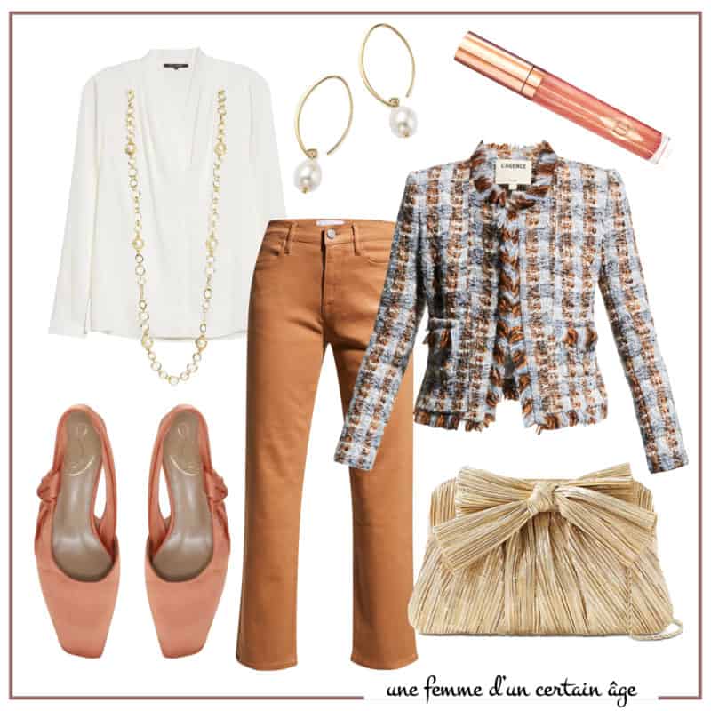 Dressed up outfit idea with coated denim pants in a warm palette with tweed jacket.