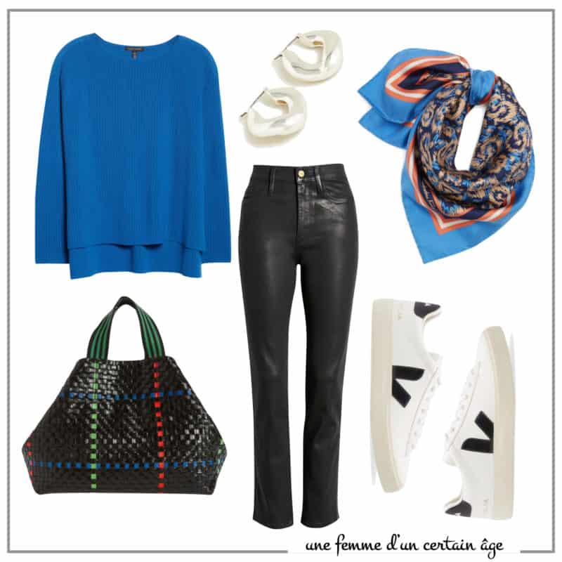 Casual outfit idea with coated denim jeans in a cool palette and cobalt blue sweater.