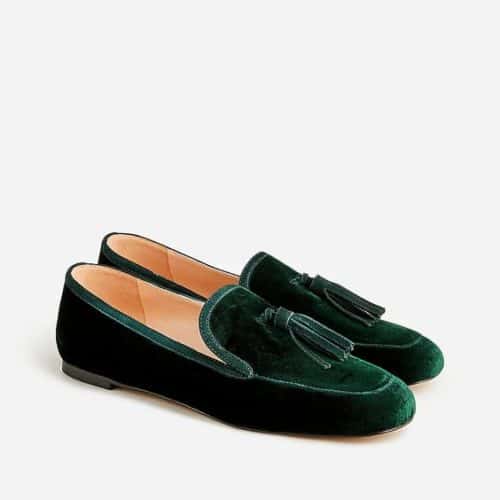 J.Crew Marie velvet tassel loafers in dark green.