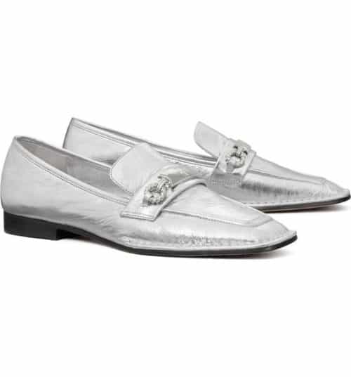 Tory Burch Perrine loafers in silver.