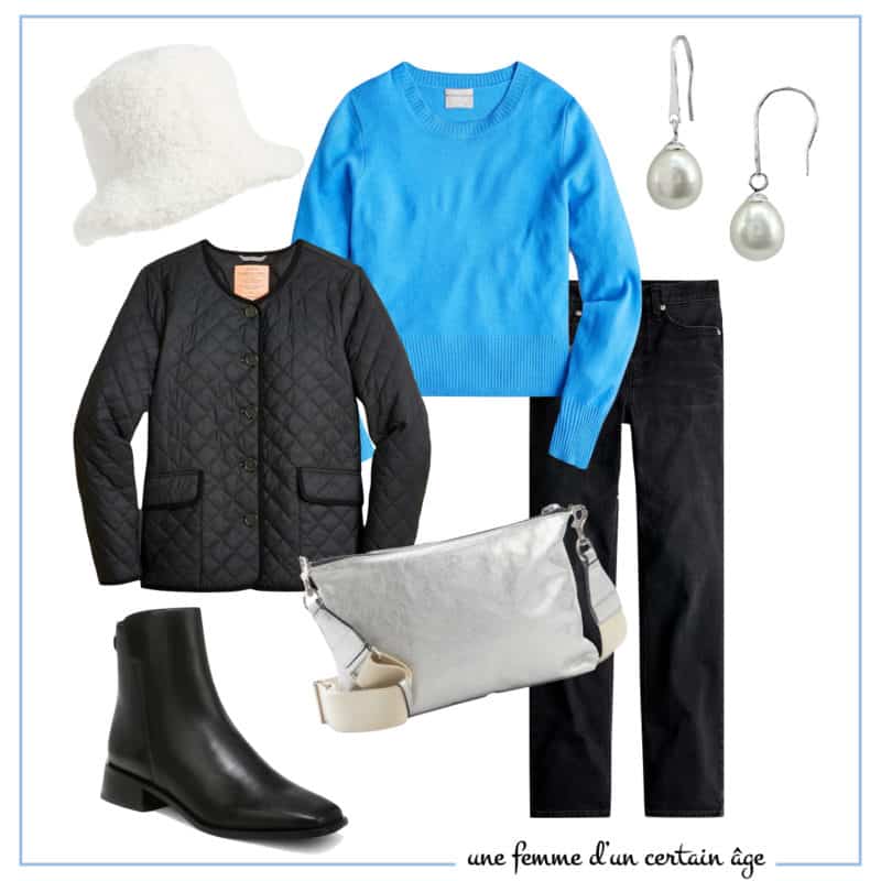 Casual women's outfit in the Winter palette with hat, jacket, sweater, earrings, bag, jeans, boots from after-holiday sales.