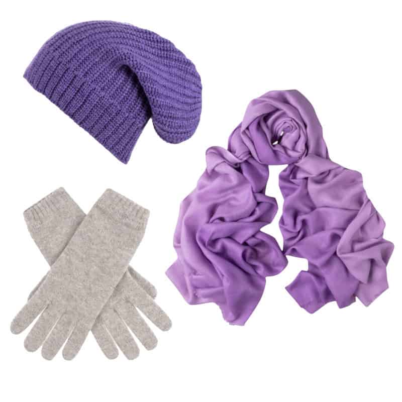Sale items from BLACK UK: lavender knit cap, gray cashmere gloves, lilac cashmere-silk scarf.