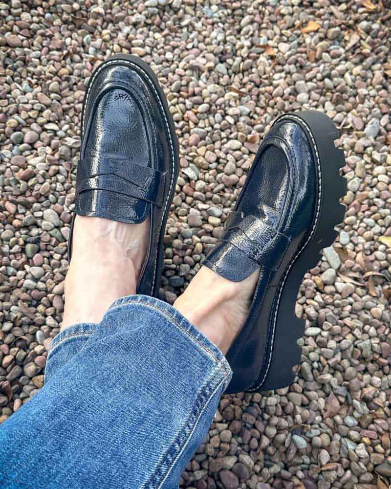 Franco Sarto crinkled patent lug-sole loafers in navy.