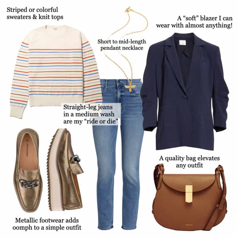 Some of my effortless style building blocks: striped sweater, relaxed blazer, straight leg jeans, metallic footwear, quality leather bag.