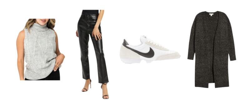 Casual outfit idea with faux leather pants in cool neutrals.
