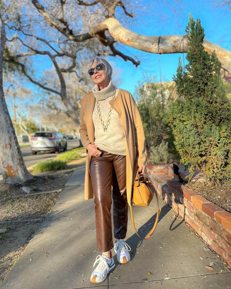 How Wear Cream Leather Leggings over 50