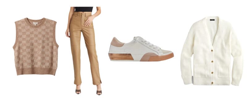 Casual outfit idea with faux leather pants in warm neutrals.