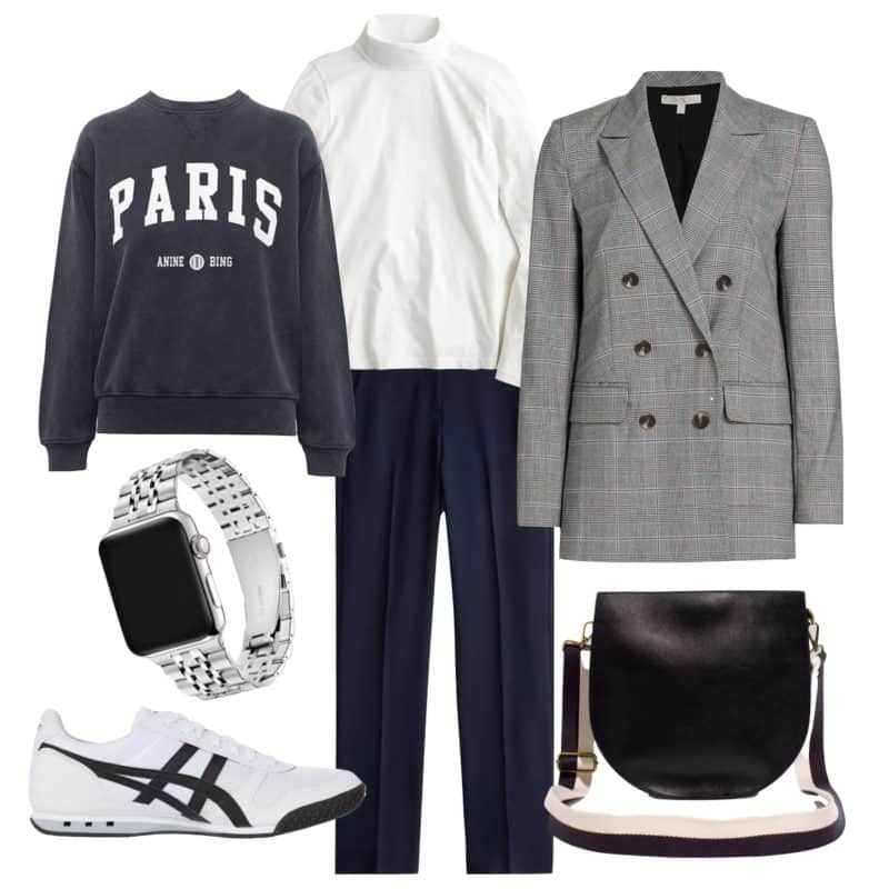 A modern casual look in black, white & navy. Paris sweatshirt, cotton turtleneck, plaid double-breasted blazer, Apple watch with silver band, white & black sneakers, black bag.