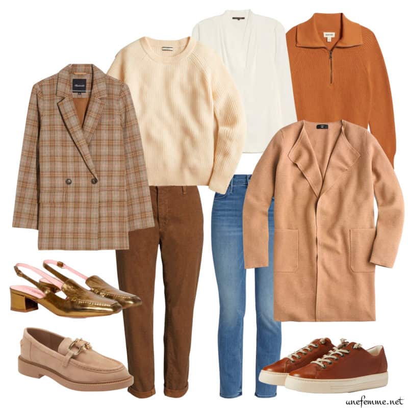 An effortless chic capsule wardrobe for a casual lifestyle in warm neutrals. Plaid blazer, cotton fisherman sweater, silk top, half-zip sweater, metallic slingback shoes, brown trousers, straight leg jeans, long sweater blazer, suede loafers, brown sneakers.