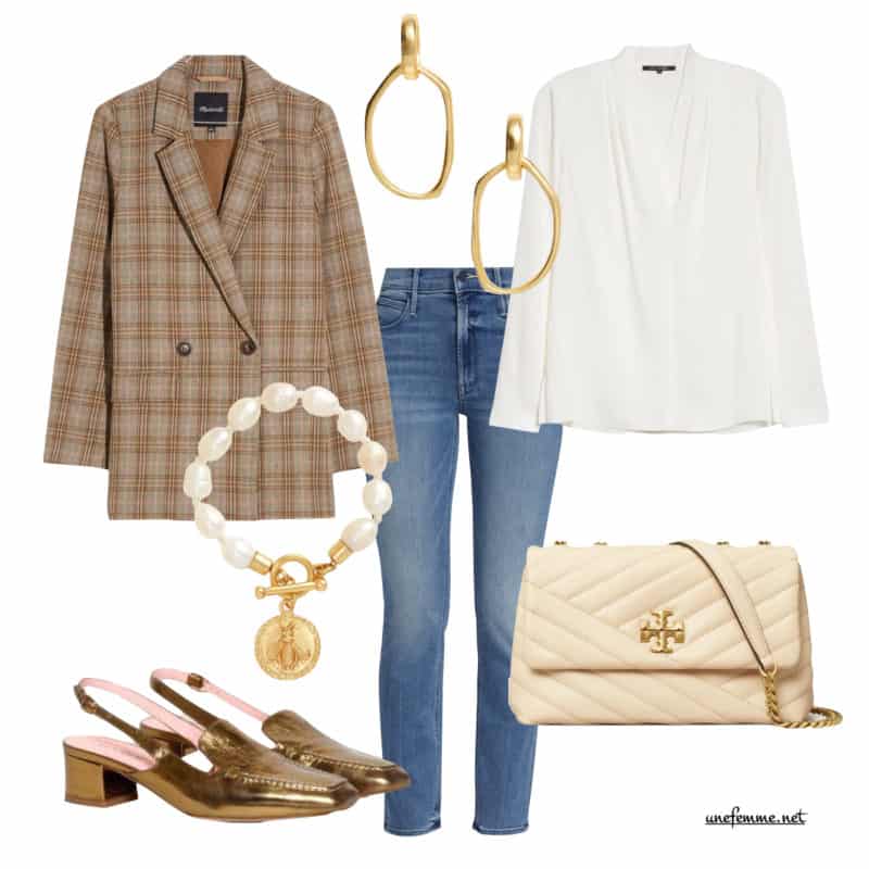 Smart casual outfit in warm neutrals: plaid blazer, gold hoop earrings, ivory silk top, pearl charm bracelet, straight leg jeans, metallic slingback heels, Tory Burch shoulder bag in ivory.