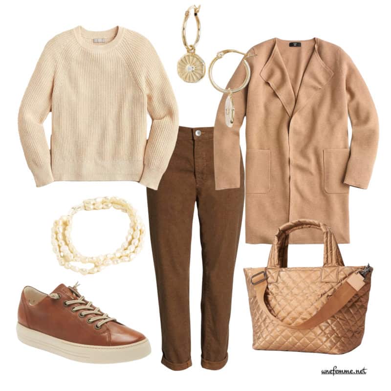 Casual outfit in warm neutrals with a cotton fisherman sweater, brown trousers, a camel sweater jacket, brown sneakers, copper MZ wallace quilted tote, gold huggie earrings, pearl bracelet.