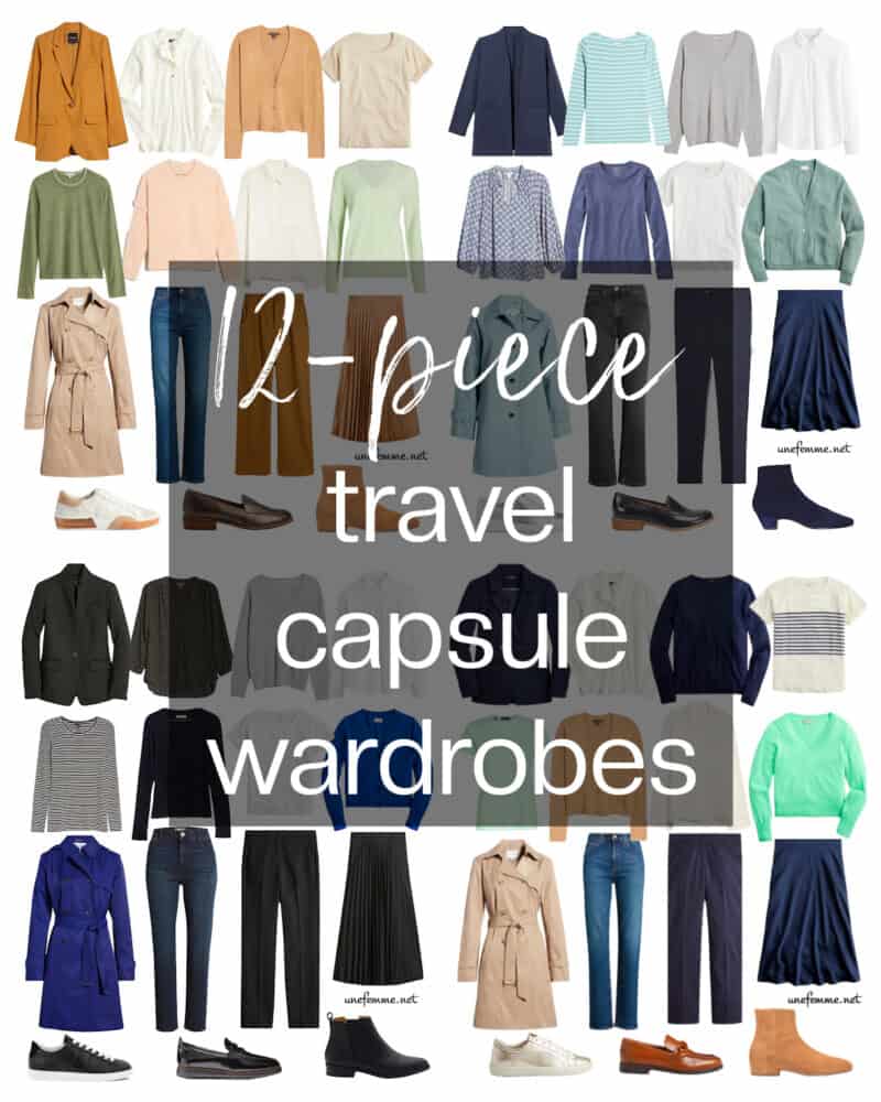 12-piece travel capsule wardrobes by seasonal color palette. (Spring, Summer, Autumn, Winter)