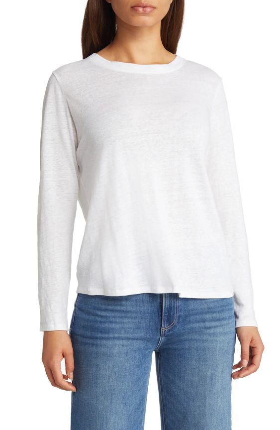 Eileen Fisher organic linen long-sleeve tee in white.