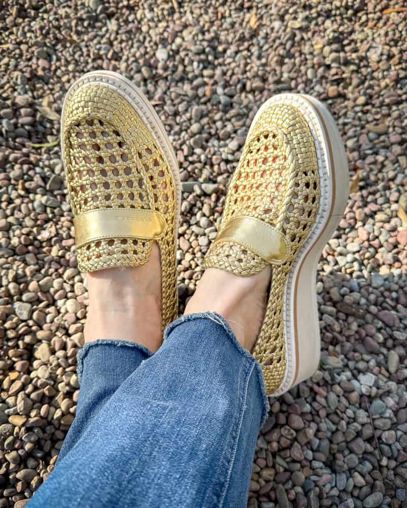 Clergerie gold woven leather platform loafers.