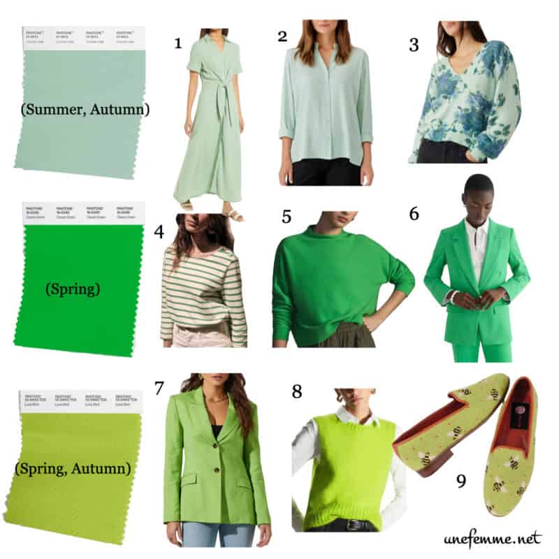 Spring fashion color trends: Pantone greens and clothing in corresponding colors.