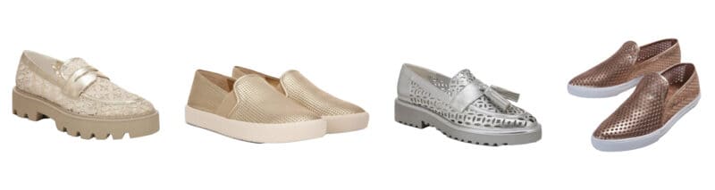 Four styles of metallic loafers with cutouts or perforated leather, women's loafers for spring.