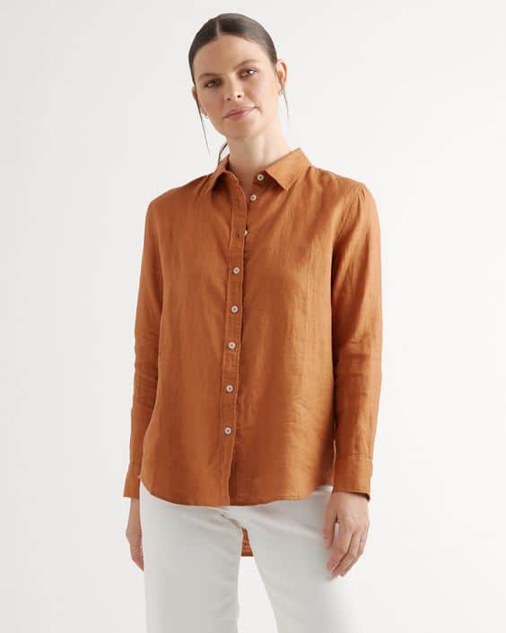 Quince European linen button-front shirt in Terracotta.