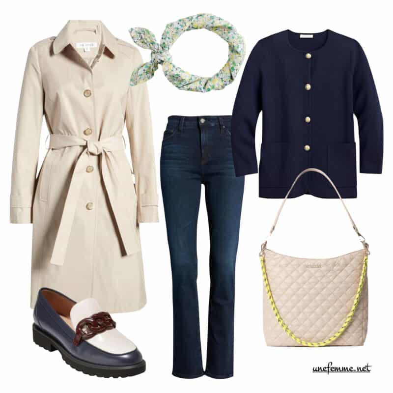 Classic modern & chic spring wardrobe basics: single-breasted trench, dark wash jeans, navy sweater blazer, spectator loafers, quilted crossbody bag.