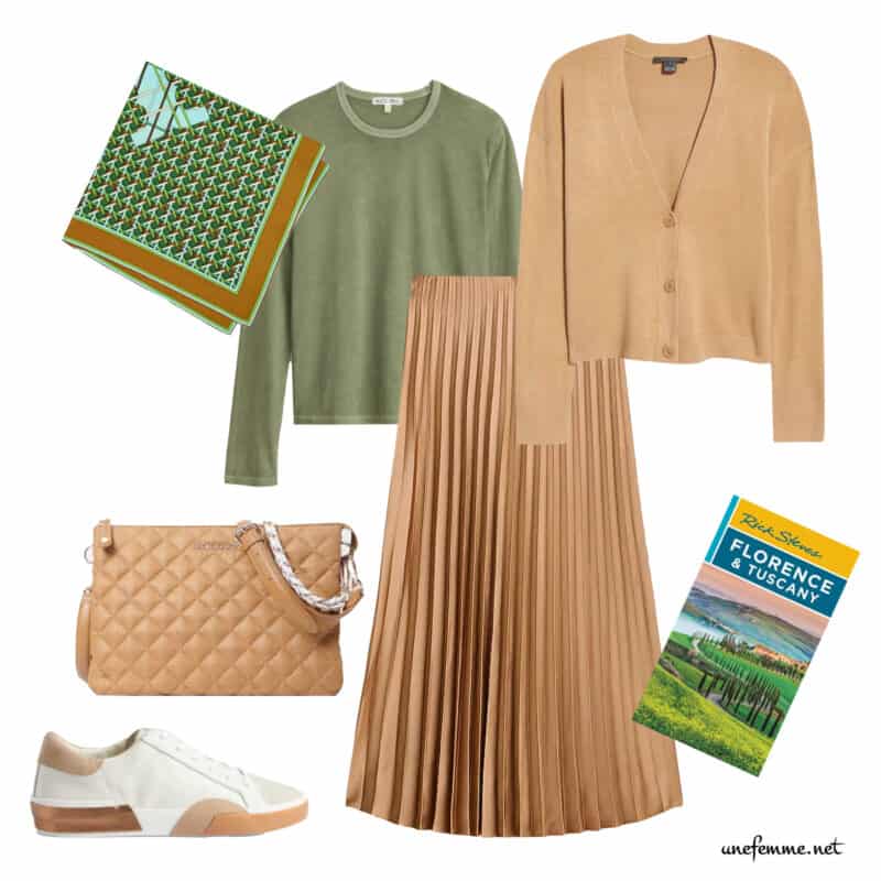 Travel outfit idea using pieces from a 12-piece capsule wardrobe in the Autumn palette.