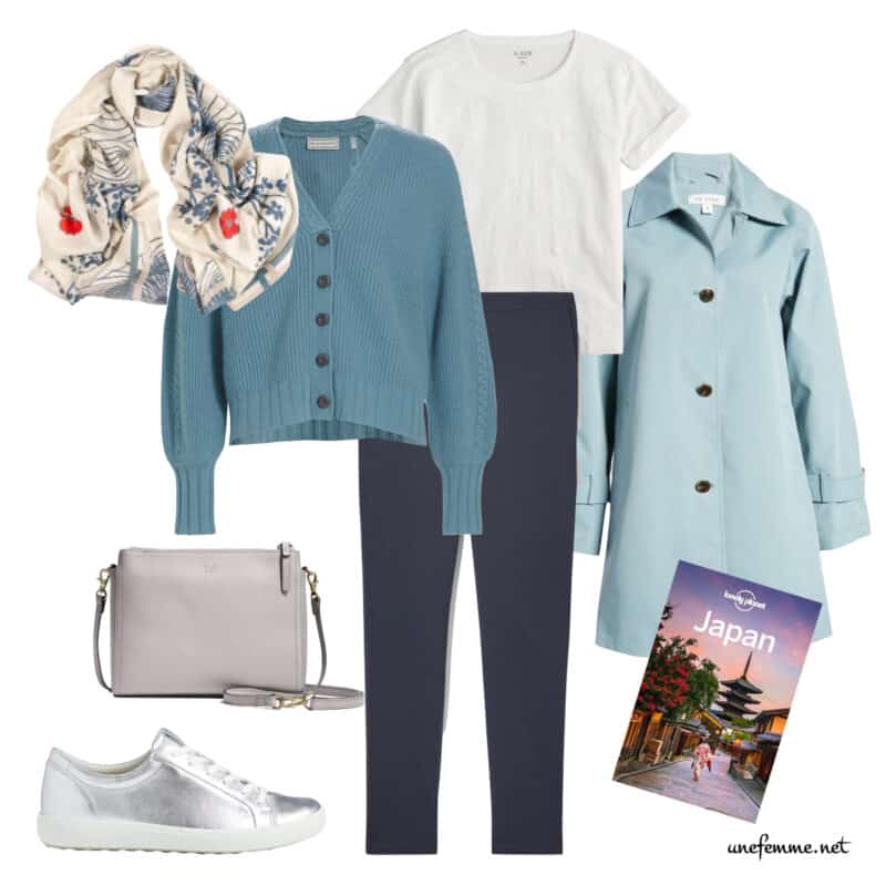 Travel outfit from the 12-piece travel capsule in the summer palette, with blue v-neck cardigan.