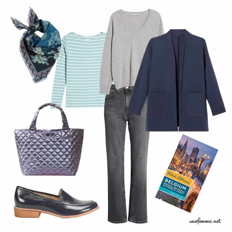 Travel outfit idea in the Summer color palette with gray jeans, striped tee, gray sweater, navy jacket, navy loafers.