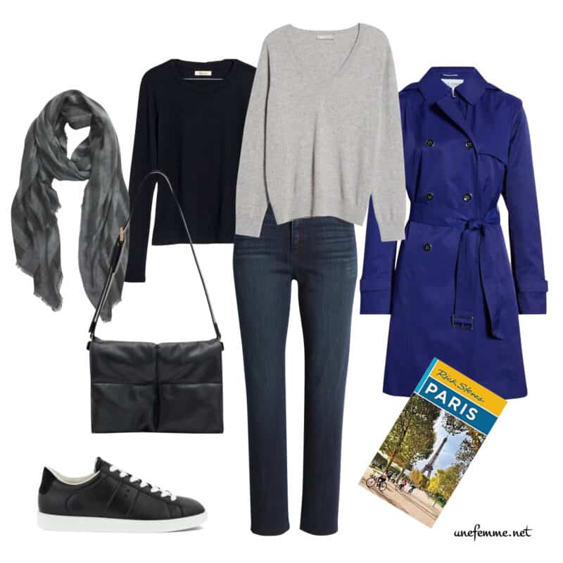 Travel outfit idea from the 12-piece capsule for a Winter color palette.