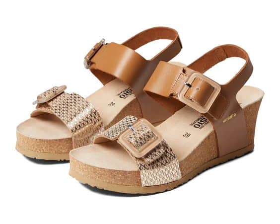 Mephisto Lissia platform wedge sandals in brown & gold.