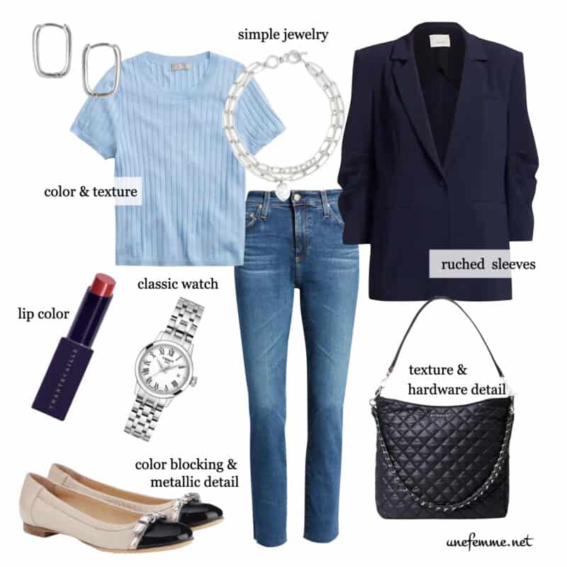 Adding points of interest to a simple outfit with color, details & accessories.