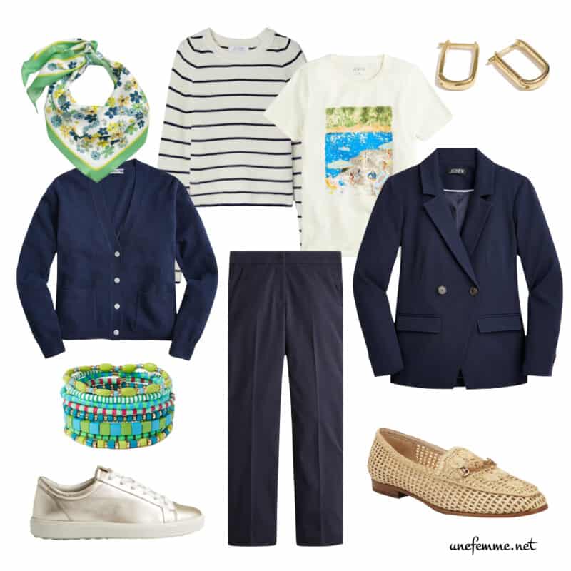 A navy mini capsule wardrobe with striped sweater, graphic tee, gold metallic sneakers, raffia loafers.