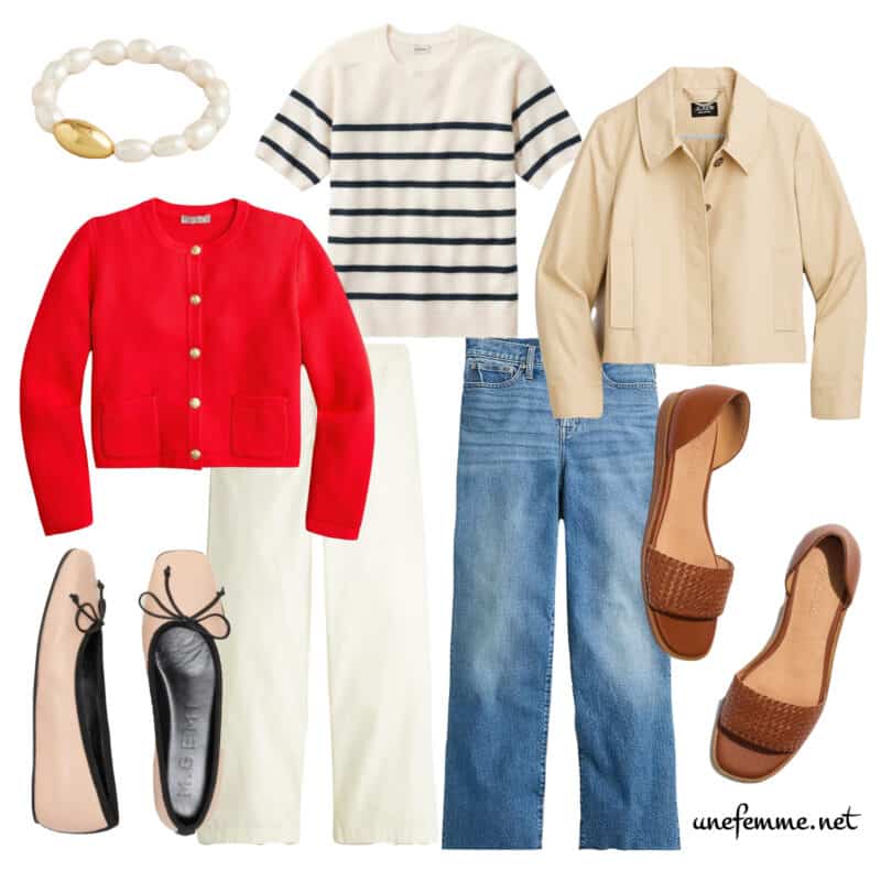 Classic casual capsule wardrobe for spring with pearl bracelet, striped tee, red cardigan , cropped trench jacket, off-white chinos, wide leg jeans, nude ballet flats with black trim, brown braided strap d'Orsay sandals.