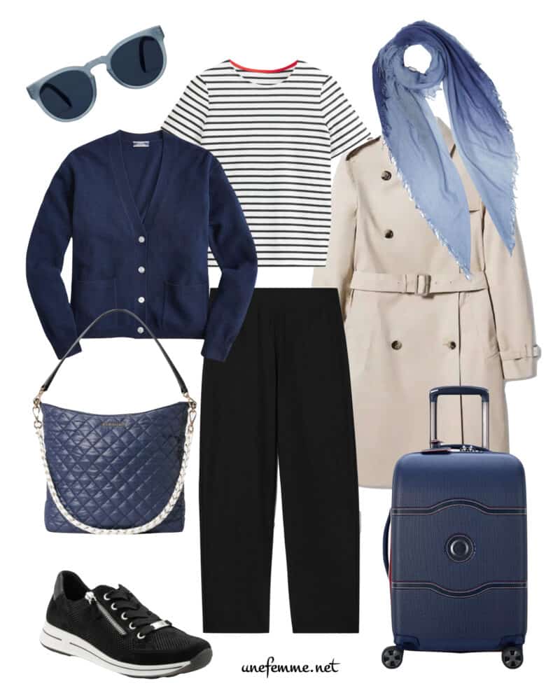 Comfortable and stylish travel outfit idea for women in black, navy and buff.