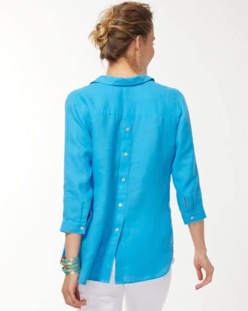 Chico's no-iron linen button back tunic in Poolside Blue.