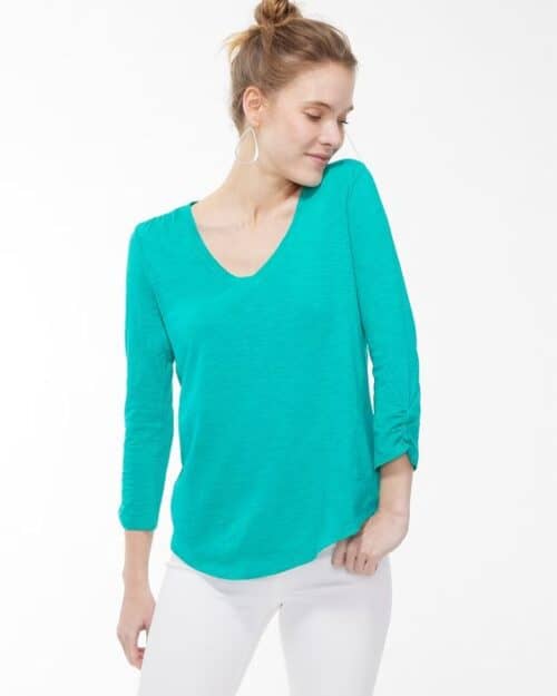 Chico's ruched 3/4 sleeve v-neck tee