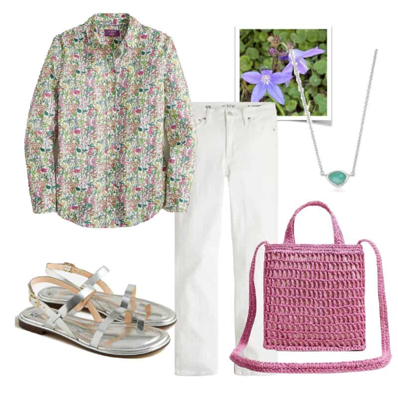 Outfit inspiration for a Summer palatte: Liberty print shirt, white jeans, silver pendant necklace, silver sandals, pink crochet bag